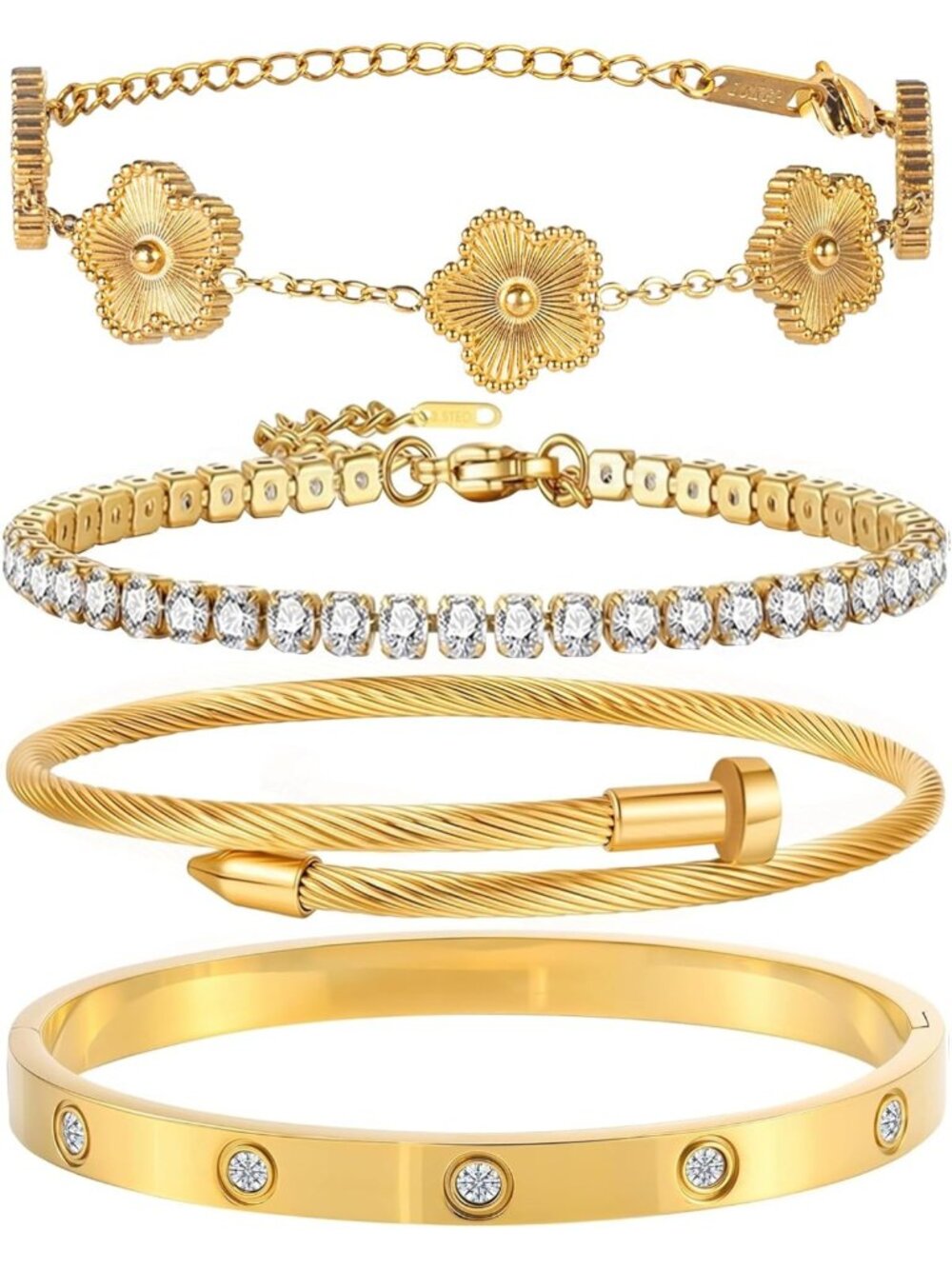 18K Gold Plated Stackable Bangle Bracelet Set - Adjustable Floral Tennis Jewelry